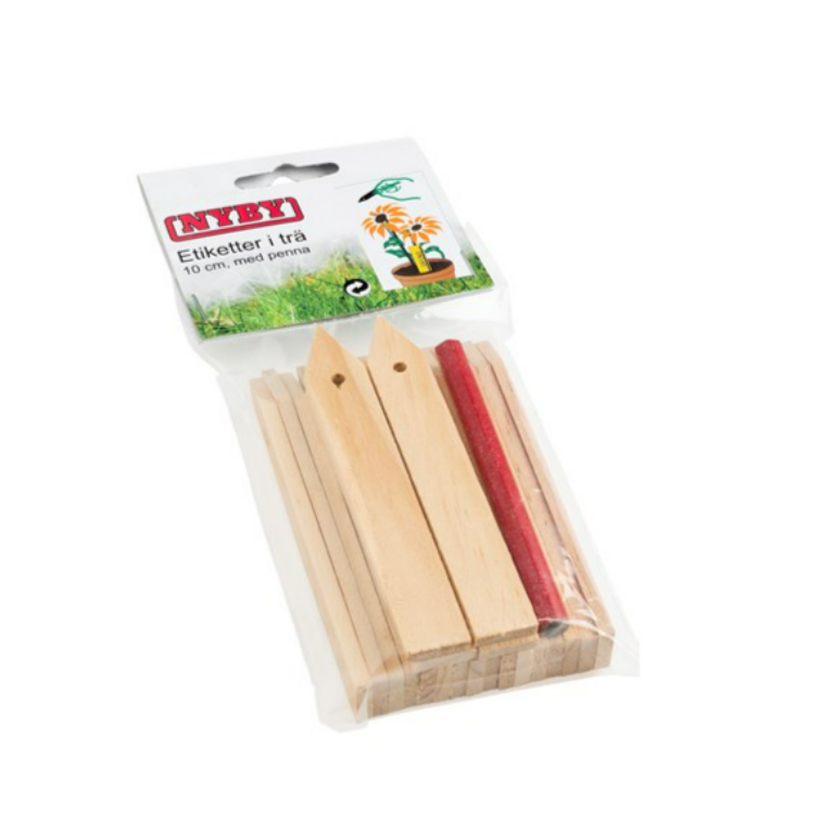 Sticketiketter i trä med penna
